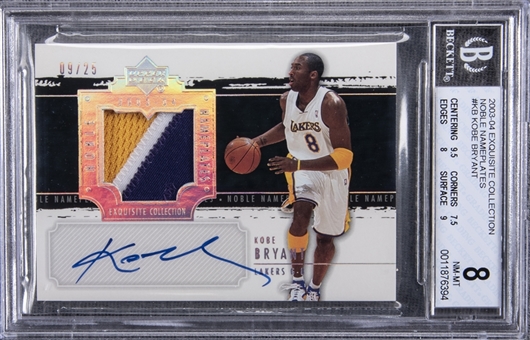 2003-04 UD "Exquisite Collection" Noble Nameplates #KB Kobe Bryant Signed Game Used Patch Card (#09/25) – BGS NM-MT 8/BGS 10